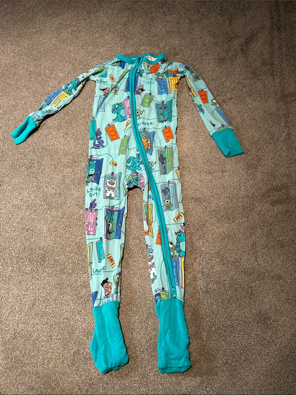 Blue Monster Print Kids One-Piece Zip Footed Pajamas